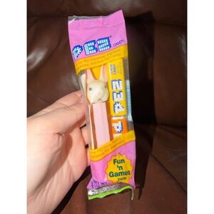Vintage PEZ Bunny Rabbit Candy Dispenser Pink Stem Sealed Fun n Games Packaging